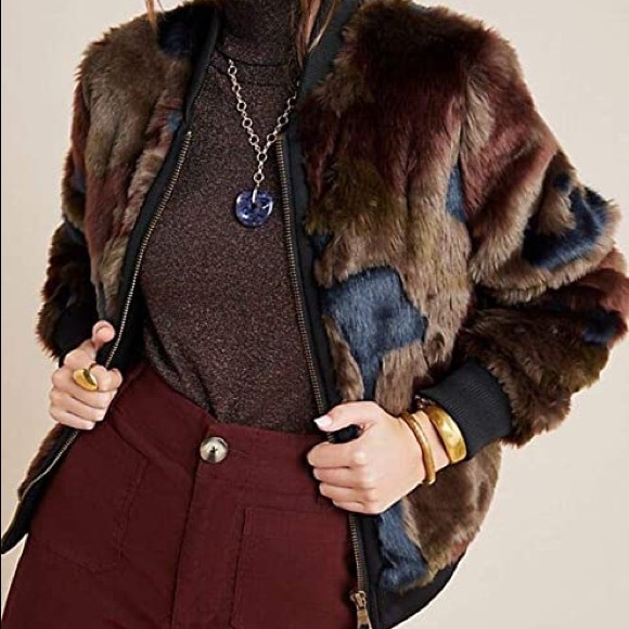 Marrakech Anthropologie Alyssa Faux Fur Green Camo Bomber Jacket Size L NWOT - Picture 12 of 12